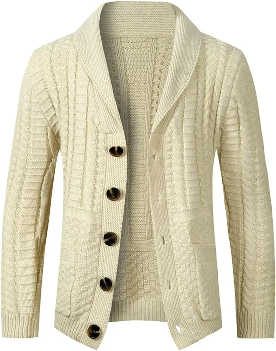 Men's Twisted Knit Sweater Cardigan Fashion Shawl Collar Button Down Long Sleeves Soft Comfy Sweater Jacket Tops