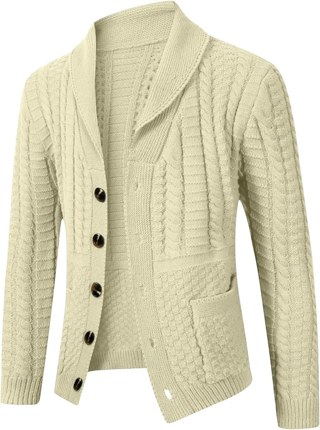 Men's Twisted Knit Sweater Cardigan Fashion Shawl Collar Button Down Long Sleeves Soft Comfy Sweater Jacket Tops
