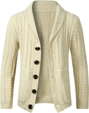 Men's Twisted Knit Sweater Cardigan Fashion Shawl Collar Button Down Long Sleeves Soft Comfy Sweater Jacket Tops