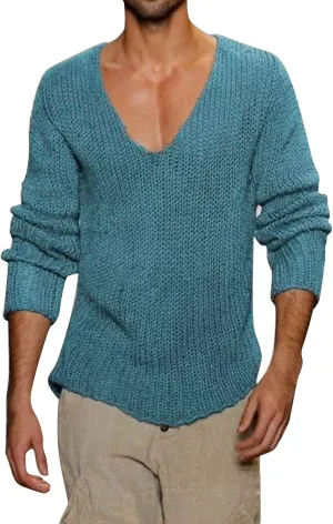 Men's V Neck Sweater Solid Color Long Sleeve Pullover Ribbed Knitted Tops Lightweight Casual Loose Oversize Sweater