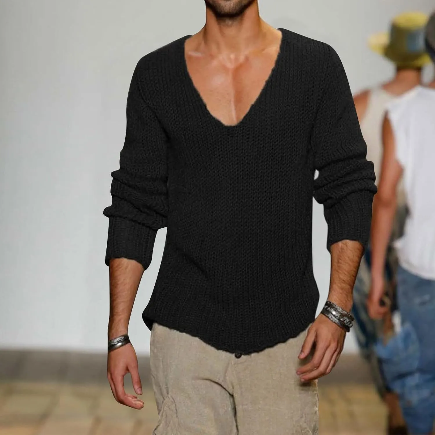 Men's V Neck Sweater Solid Color Long Sleeve Pullover Ribbed Knitted Tops Lightweight Casual Loose Oversize Sweater