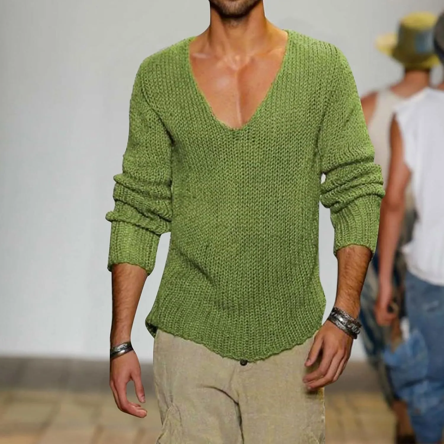 Men's V Neck Sweater Solid Color Long Sleeve Pullover Ribbed Knitted Tops Lightweight Casual Loose Oversize Sweater