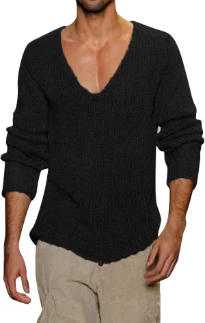 Men's V Neck Sweater Solid Color Long Sleeve Pullover Ribbed Knitted Tops Lightweight Casual Loose Oversize Sweater