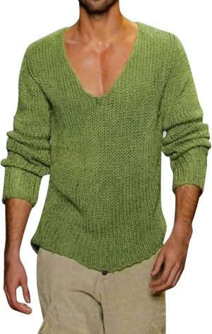Men's V Neck Sweater Solid Color Long Sleeve Pullover Ribbed Knitted Tops Lightweight Casual Loose Oversize Sweater