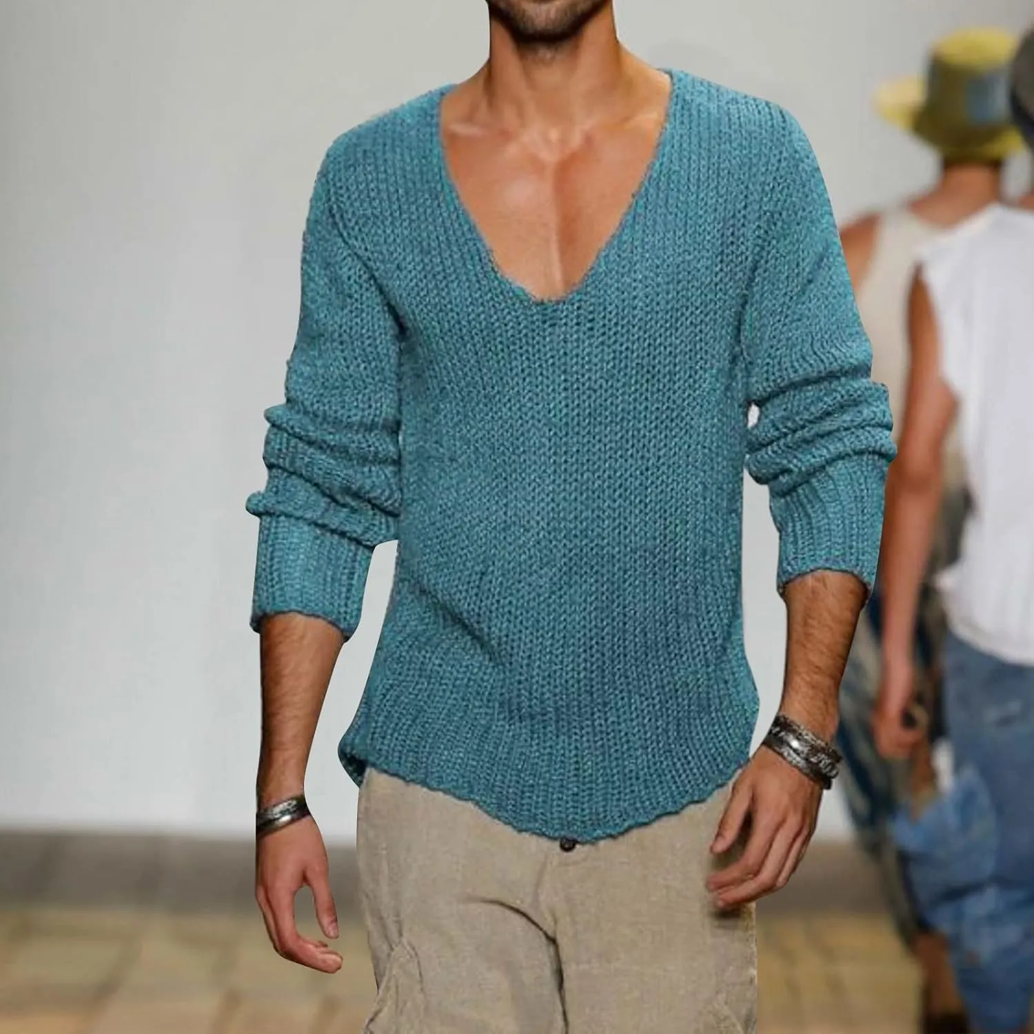 Men's V Neck Sweater Solid Color Long Sleeve Pullover Ribbed Knitted Tops Lightweight Casual Loose Oversize Sweater