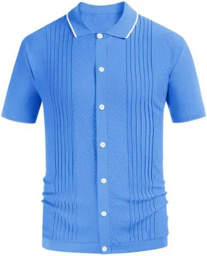 Mens Vintage Striped Polo Shirts Short Sleeve Stripes Button Down Polo Cardigans