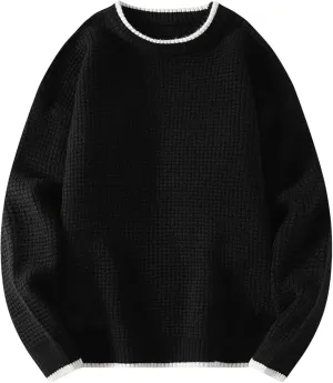 Mens Waffle Knitted Sweaters Drop Shoulder Long Sleeve Crew Neck Fall Sweaters Fall Casual Fashion Baggy Pullovers