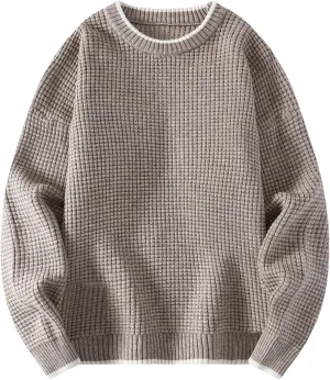 Mens Waffle Knitted Sweaters Drop Shoulder Long Sleeve Crew Neck Fall Sweaters Fall Casual Fashion Baggy Pullovers