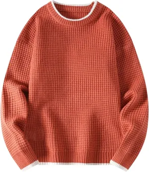 Mens Waffle Knitted Sweaters Drop Shoulder Long Sleeve Crew Neck Fall Sweaters Fall Casual Fashion Baggy Pullovers