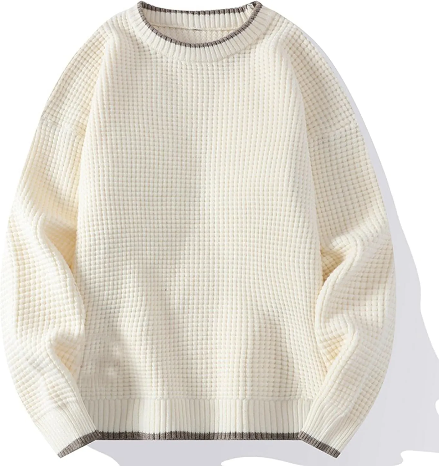 Mens Waffle Knitted Sweaters Drop Shoulder Long Sleeve Crew Neck Fall Sweaters Fall Casual Fashion Baggy Pullovers