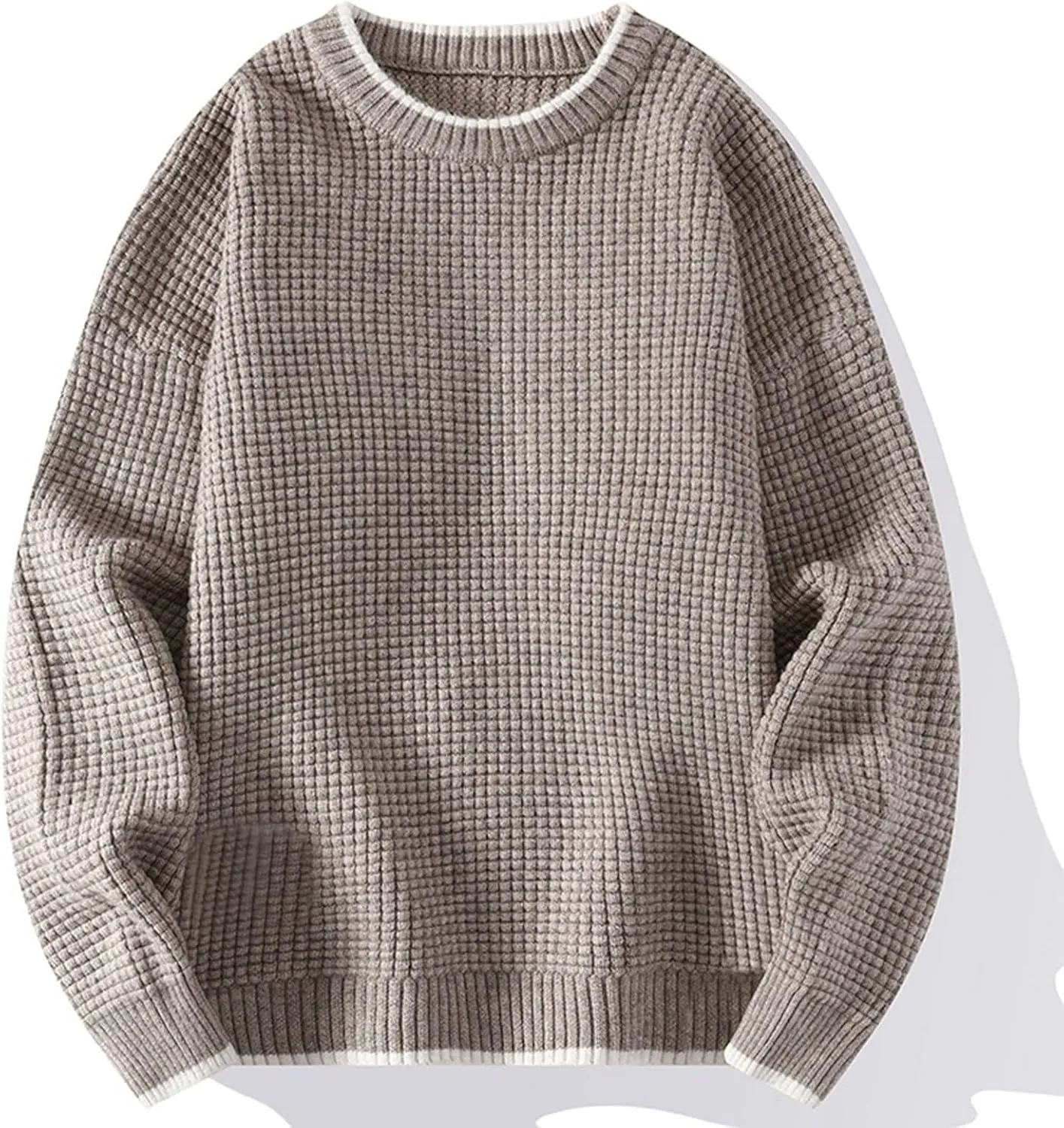 Mens Waffle Knitted Sweaters Drop Shoulder Long Sleeve Crew Neck Fall Sweaters Fall Casual Fashion Baggy Pullovers