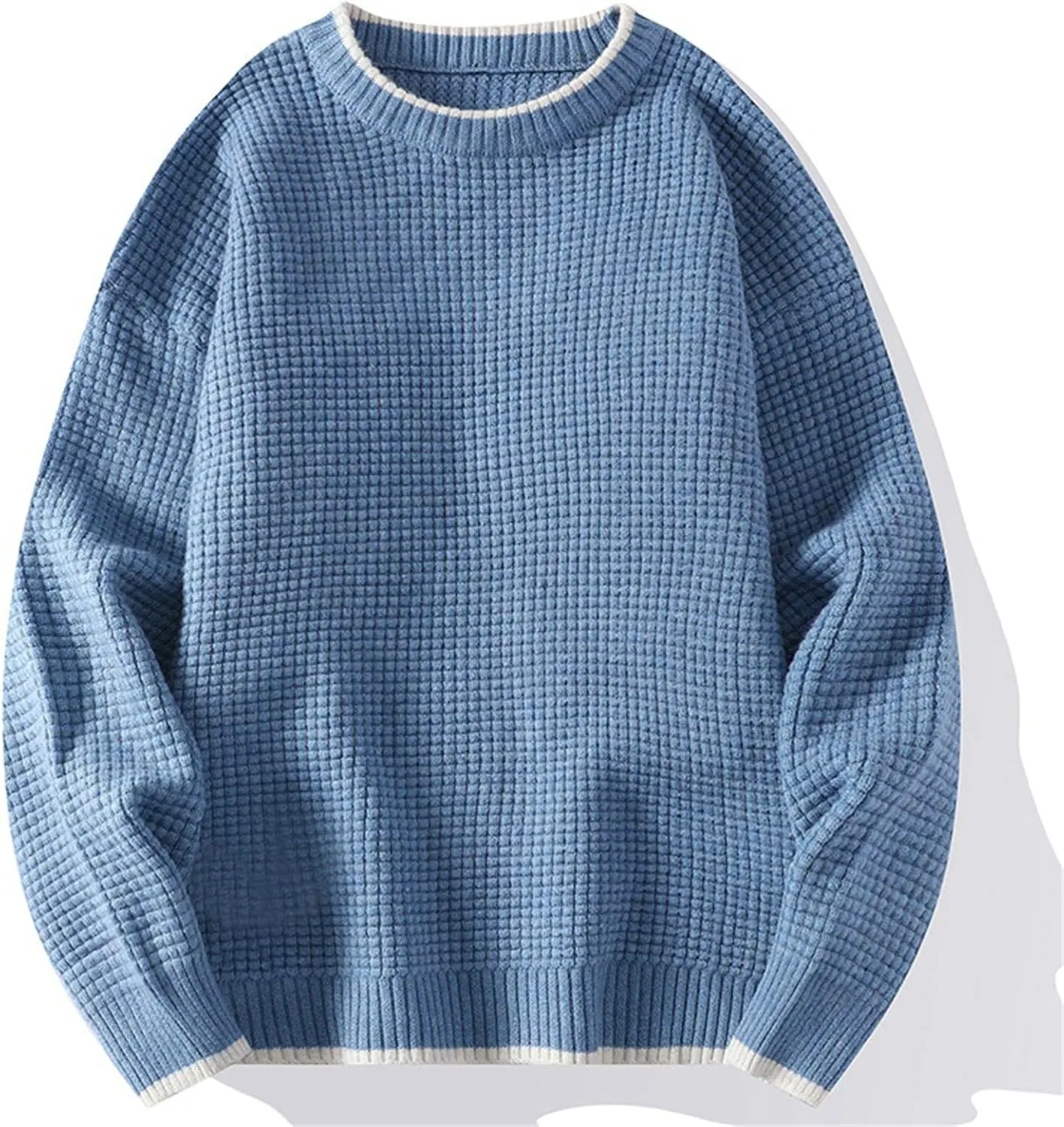 Mens Waffle Knitted Sweaters Drop Shoulder Long Sleeve Crew Neck Fall Sweaters Fall Casual Fashion Baggy Pullovers