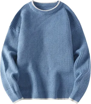 Mens Waffle Knitted Sweaters Drop Shoulder Long Sleeve Crew Neck Fall Sweaters Fall Casual Fashion Baggy Pullovers