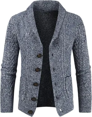 Men's Wool Blend Shawl Collar Cardigan Sweater Casual Cable Knit Button Down Cardigan Chunky Ribbed Sweaters