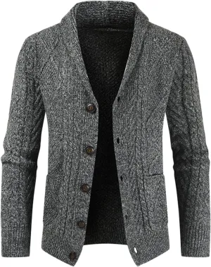 Men's Wool Blend Shawl Collar Cardigan Sweater Casual Cable Knit Button Down Cardigan Chunky Ribbed Sweaters