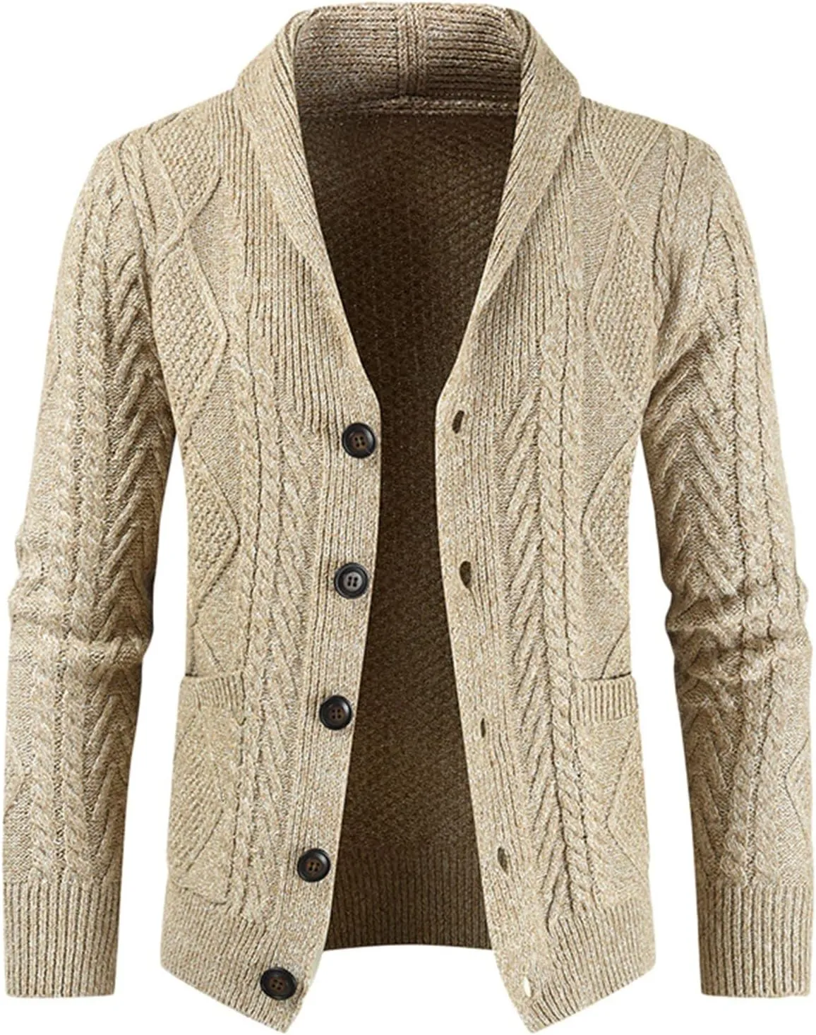 Men's Wool Blend Shawl Collar Cardigan Sweater Casual Cable Knit Button Down Cardigan Chunky Ribbed Sweaters