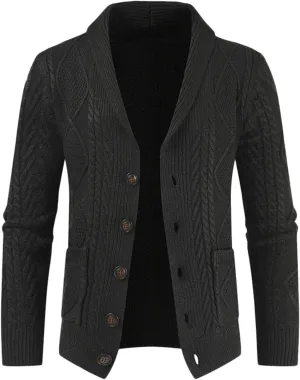 Men's Wool Blend Shawl Collar Cardigan Sweater Casual Cable Knit Button Down Cardigan Chunky Ribbed Sweaters
