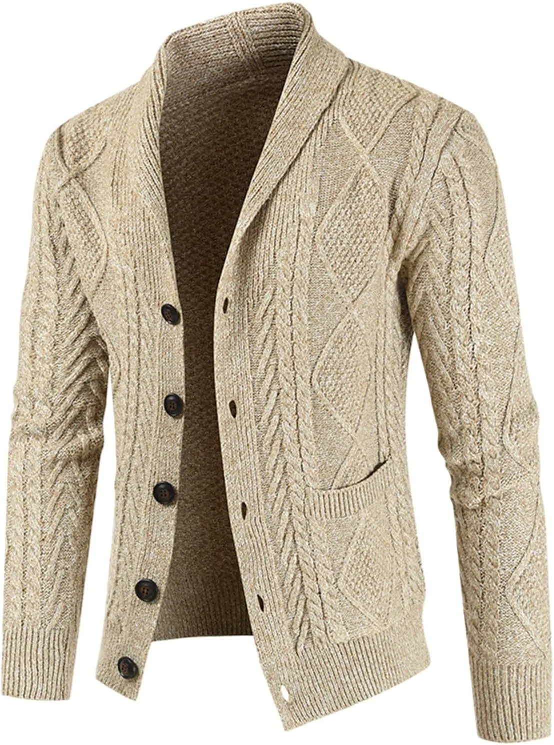 Men's Wool Blend Shawl Collar Cardigan Sweater Casual Cable Knit Button Down Cardigan Chunky Ribbed Sweaters