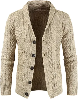 Men's Wool Blend Shawl Collar Cardigan Sweater Casual Cable Knit Button Down Cardigan Chunky Ribbed Sweaters