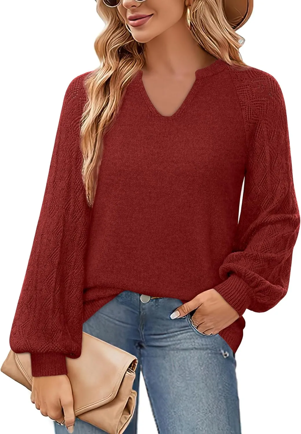 Messic Womens Pullover Sweaters 2024 Casual Long Sleeve V Neck Loose Knit Tops
