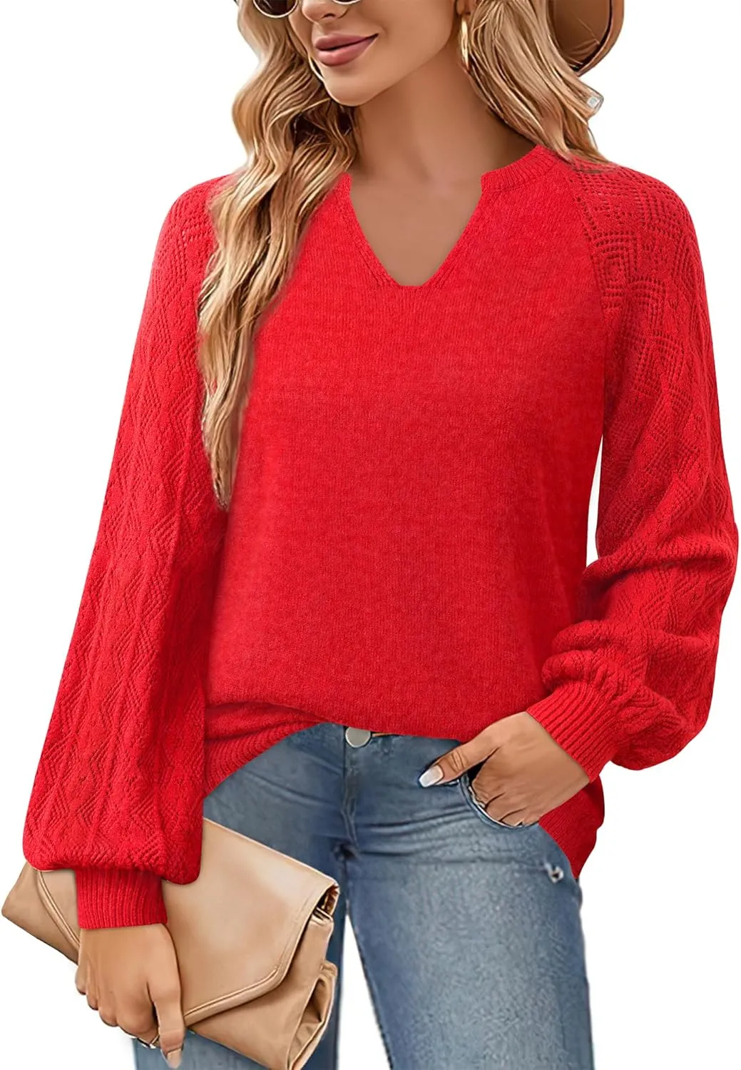 Messic Womens Pullover Sweaters 2024 Casual Long Sleeve V Neck Loose Knit Tops