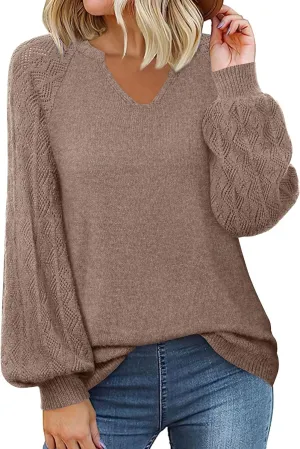 Messic Womens Pullover Sweaters 2024 Casual Long Sleeve V Neck Loose Knit Tops