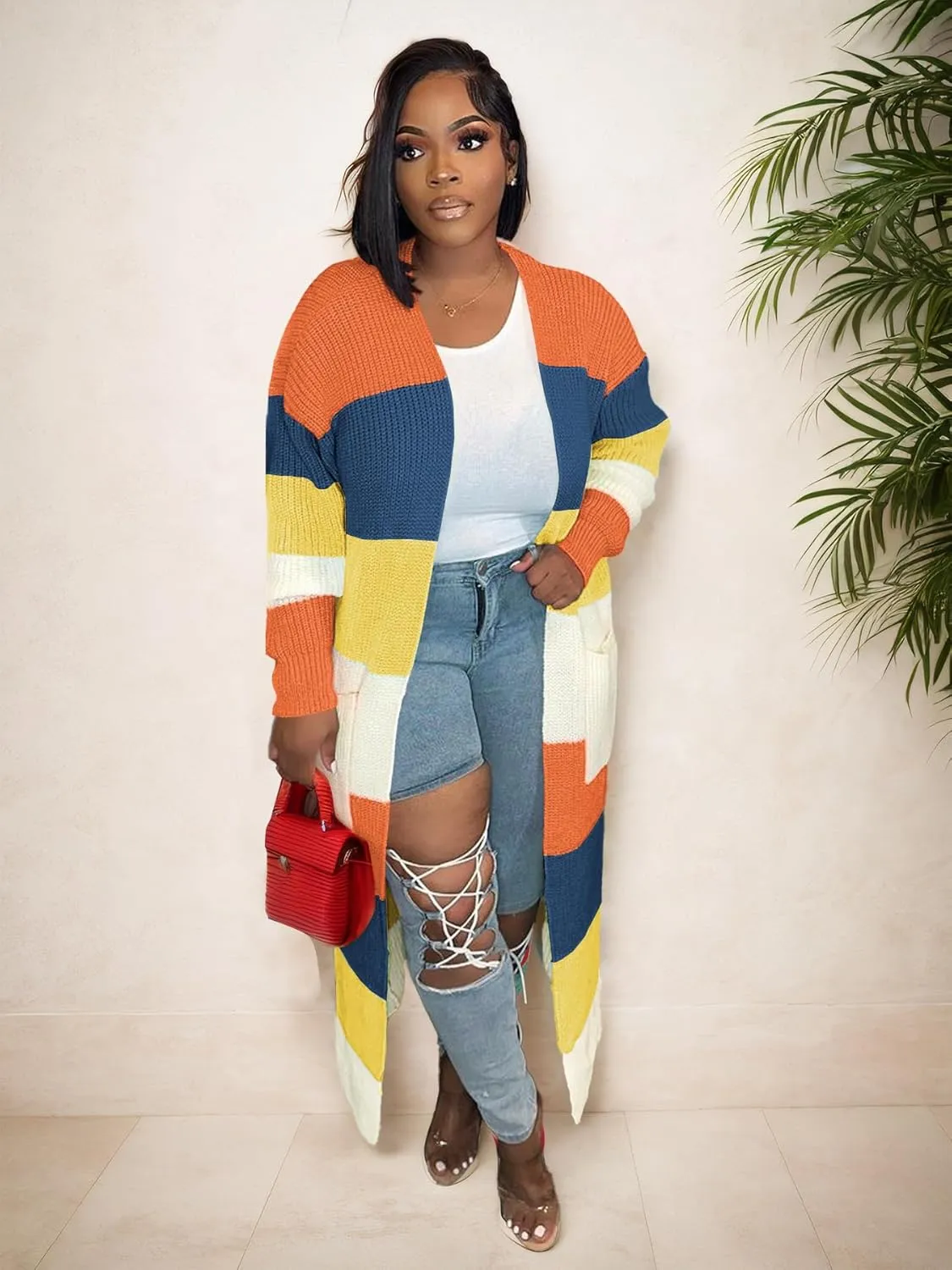 Nimsruc Long Cardigan Sweaters for Women Patchwork Open Front Knit Sweater