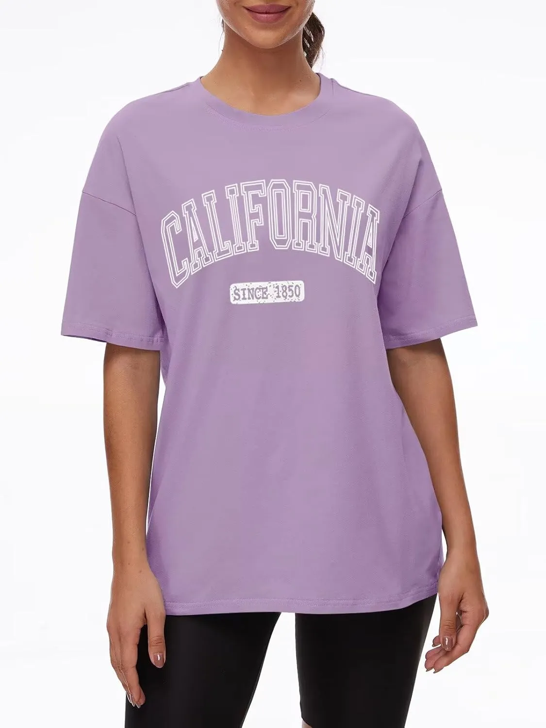 ORANDESIGNE Women Oversized Letter Print T Shirts Crewneck Graphic Short Sleeve Tees