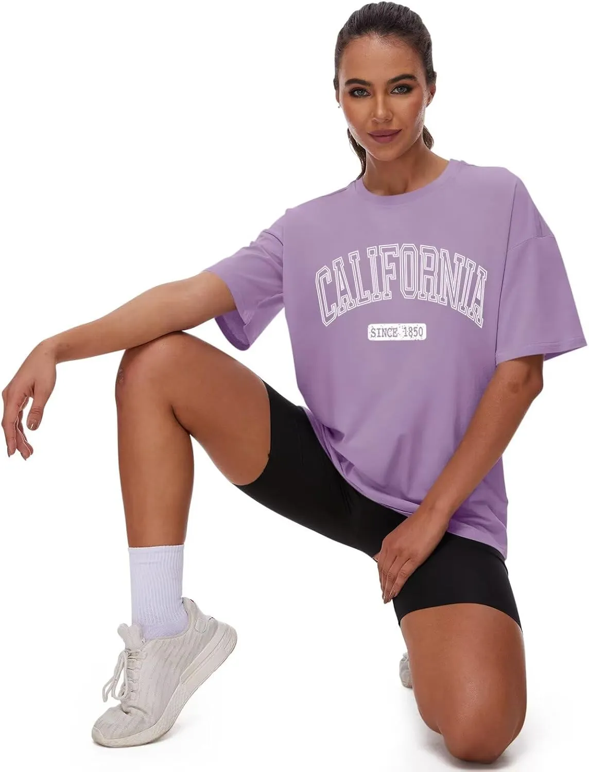 ORANDESIGNE Women Oversized Letter Print T Shirts Crewneck Graphic Short Sleeve Tees