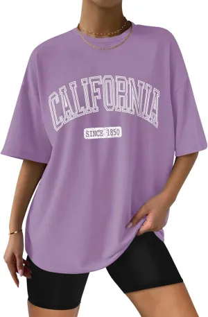 ORANDESIGNE Women Oversized Letter Print T Shirts Crewneck Graphic Short Sleeve Tees
