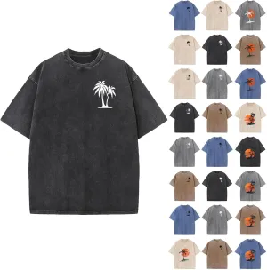 Oversize Palm Tree Graphic T-Shirts for Men Short Sleeve Summer Vacation Shirts Cotton Vintage Washed Workout Tee Tops