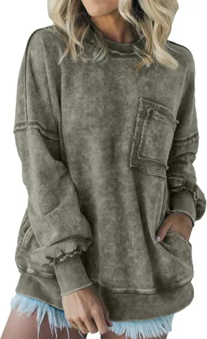 Oversized Acid Wash T Shirts Long Sleeve for Women,Vintage Crew Neck Oversized Sweatshirt, with Pocket