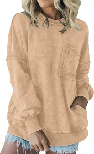 Oversized Acid Wash T Shirts Long Sleeve for Women,Vintage Crew Neck Oversized Sweatshirt, with Pocket