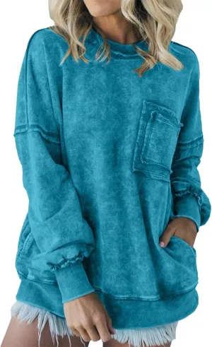 Oversized Acid Wash T Shirts Long Sleeve for Women,Vintage Crew Neck Oversized Sweatshirt, with Pocket