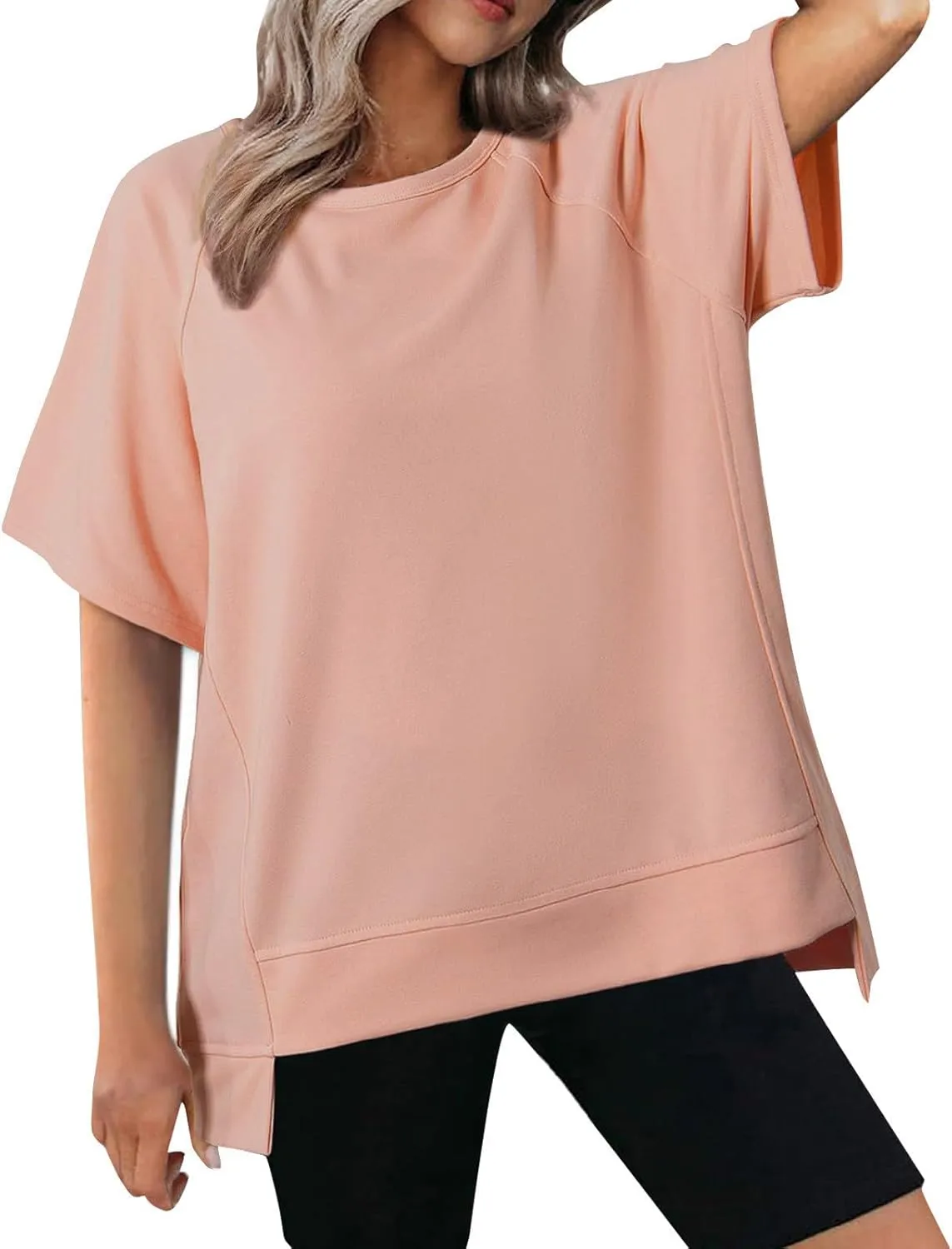 Oversized T Shirts for Women Crewneck Short Sleeve Casual Summer Tunic Tops Trendy Solid Loose Fit High Low Blouses