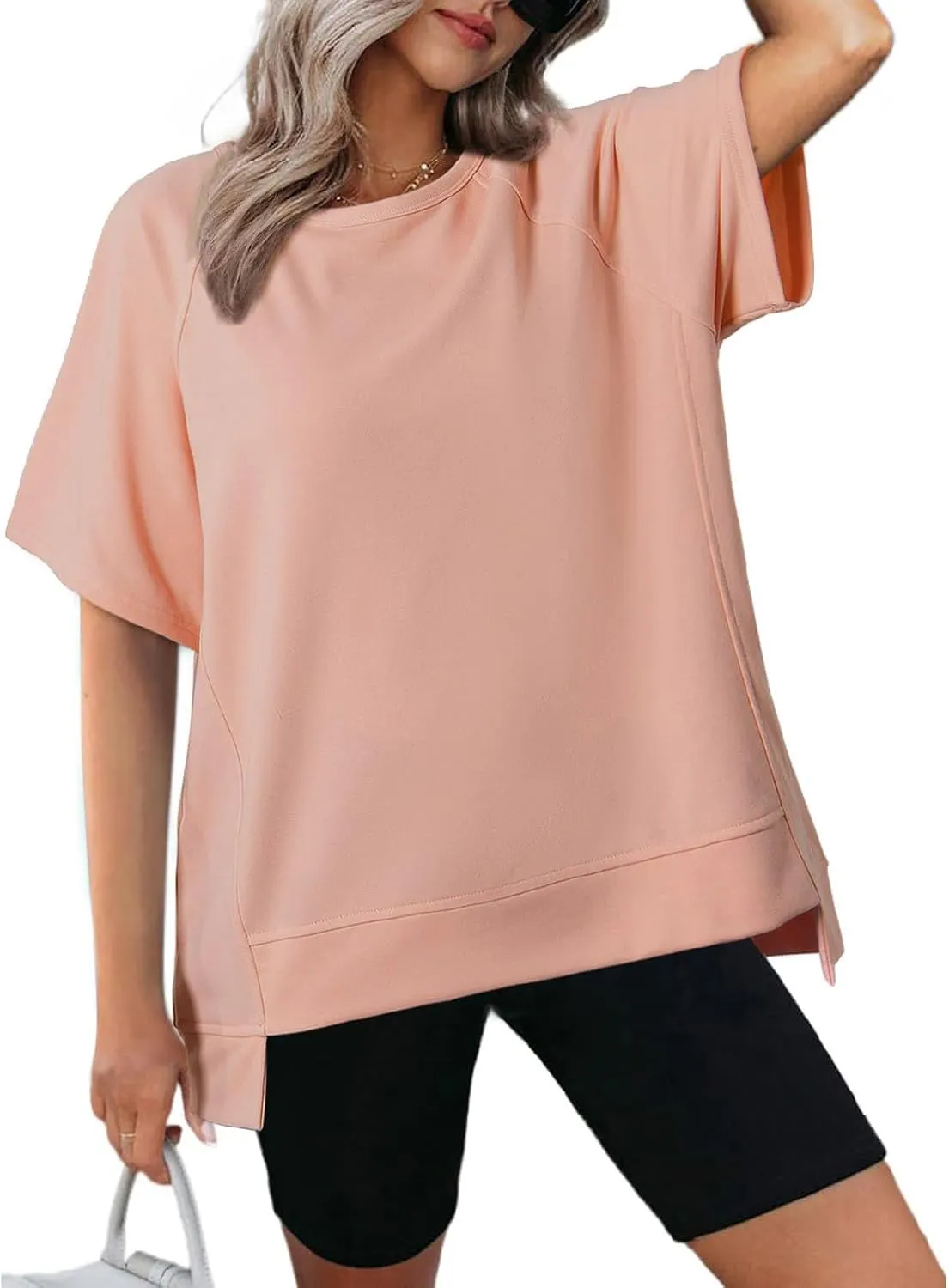 Oversized T Shirts for Women Crewneck Short Sleeve Casual Summer Tunic Tops Trendy Solid Loose Fit High Low Blouses