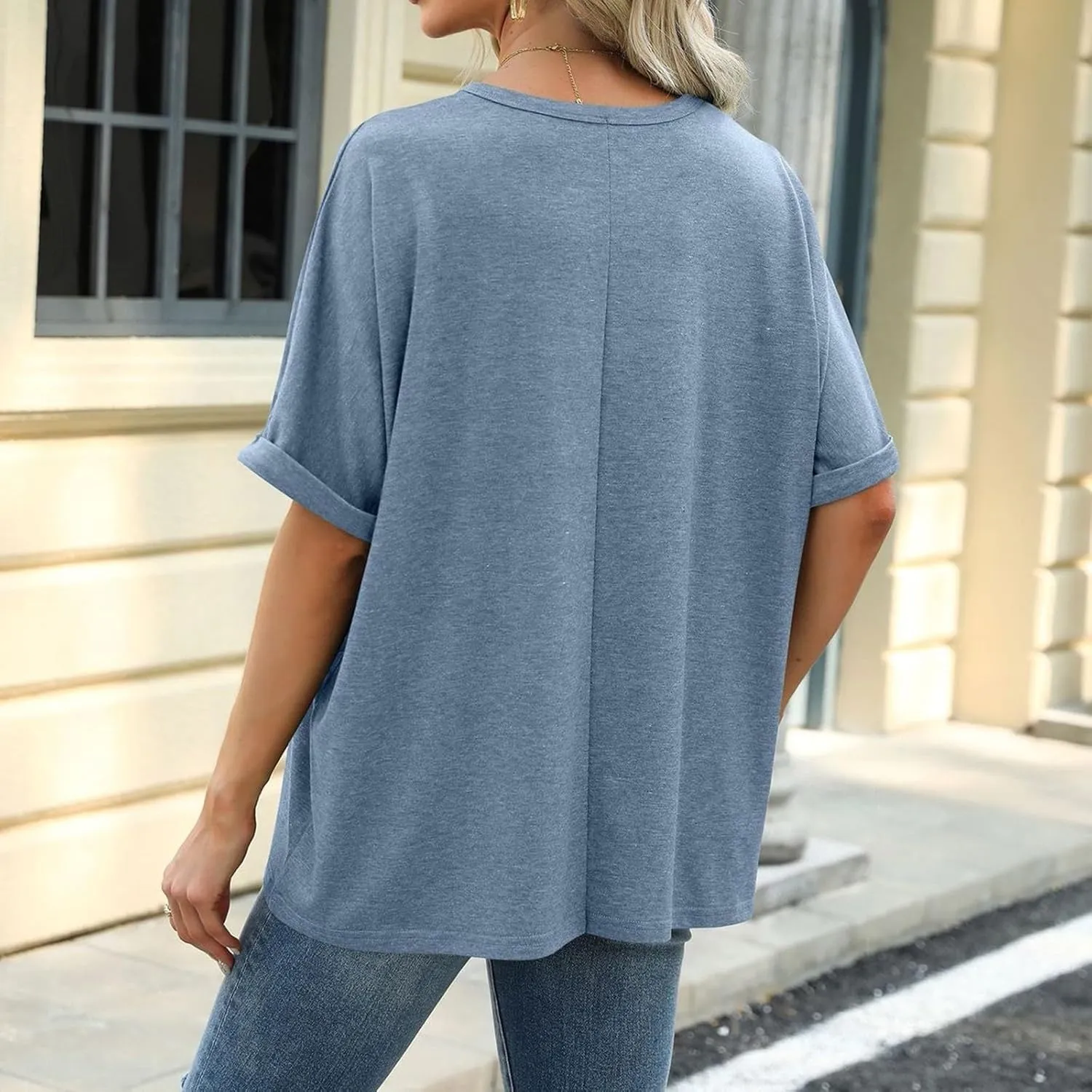 Oversized Tshirts for Women Crew Neck Rolled Elbow Length Summer Tops Dressy Half Sleeve Loose Fit Cute Shirts