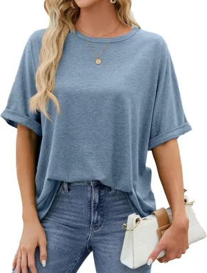 Oversized Tshirts for Women Crew Neck Rolled Elbow Length Summer Tops Dressy Half Sleeve Loose Fit Cute Shirts