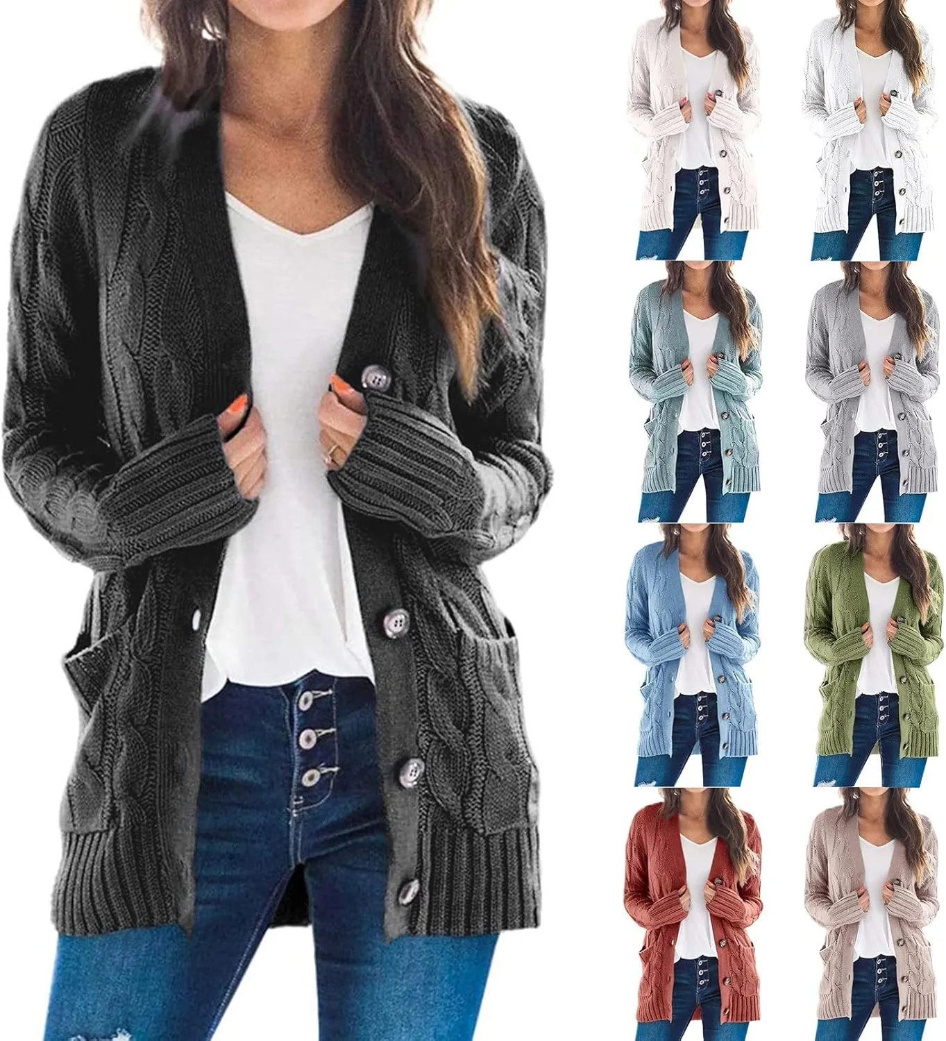 PETYCZEN Cardigan Sweaters for Women Casual Long Sleeve Open Front Button Down Cardigans Cable Knit Chunky Sweater Outerwear