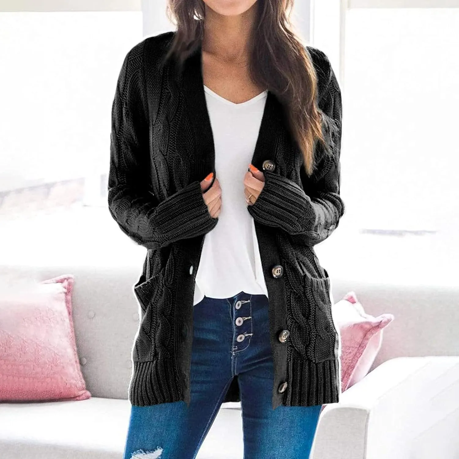 PETYCZEN Cardigan Sweaters for Women Casual Long Sleeve Open Front Button Down Cardigans Cable Knit Chunky Sweater Outerwear