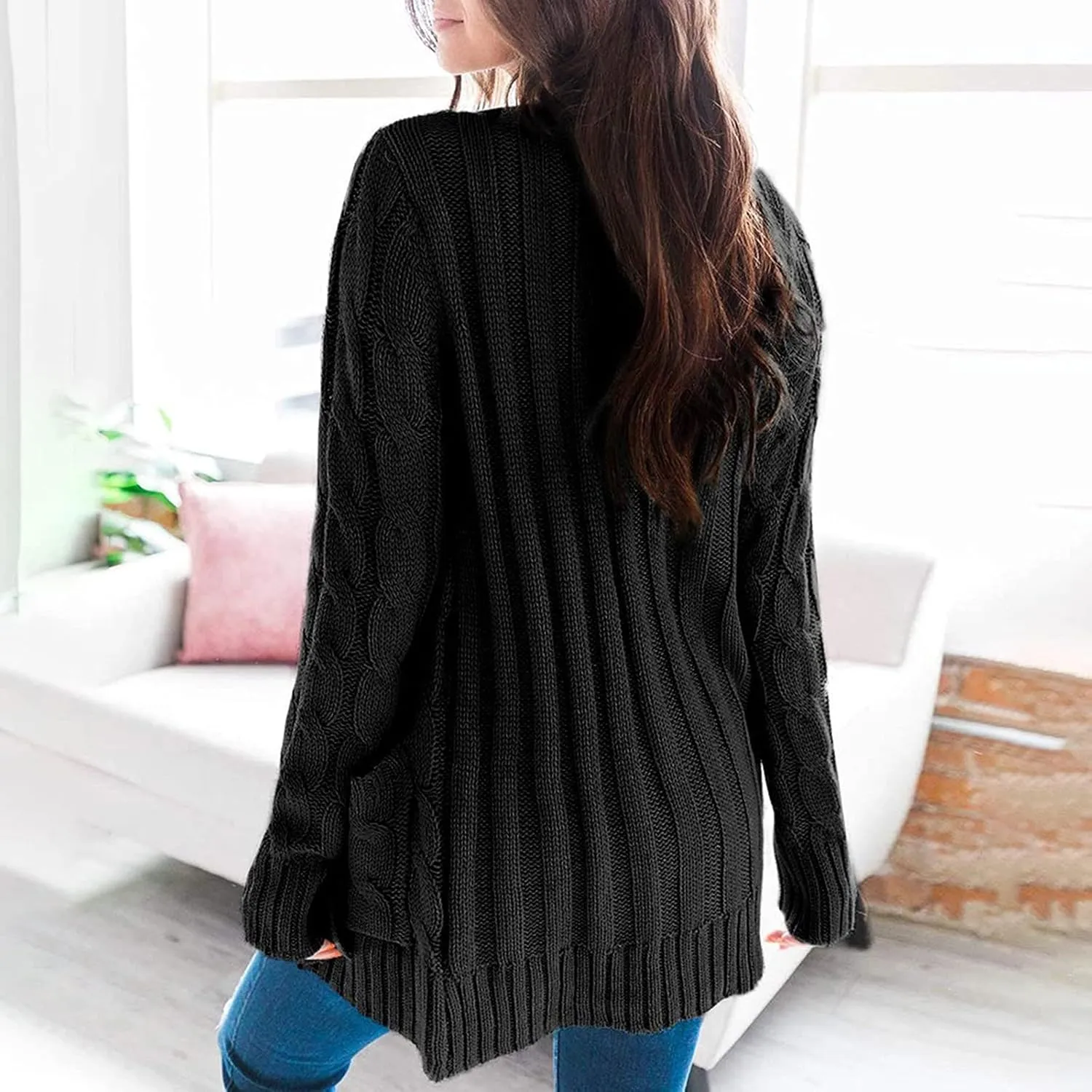 PETYCZEN Cardigan Sweaters for Women Casual Long Sleeve Open Front Button Down Cardigans Cable Knit Chunky Sweater Outerwear