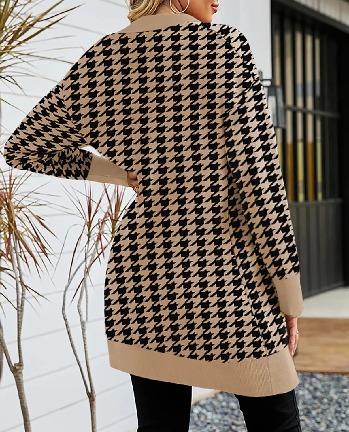 Pink Queen 2024 Fall Long Cardigan for Women Long Sleeve Open Front Button V Neck Houndstooth Cardigans Sweaters Dress