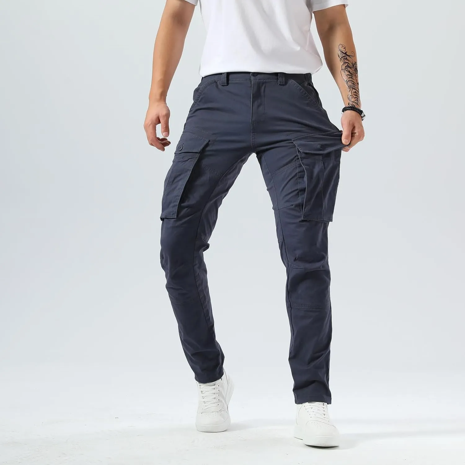 Plaid&Plain Men's Cargo Pants Slim Fit with Articulated Knees
