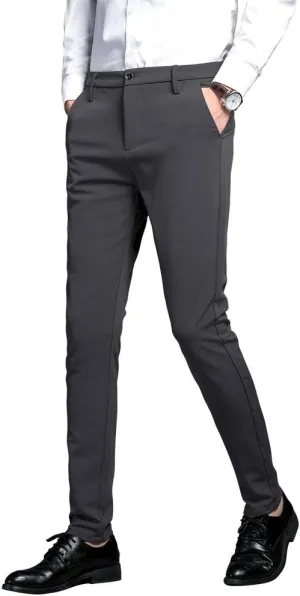 Plaid&Plain Men's Stretch Dress Pants Slim Fit Skinny Suit Pants