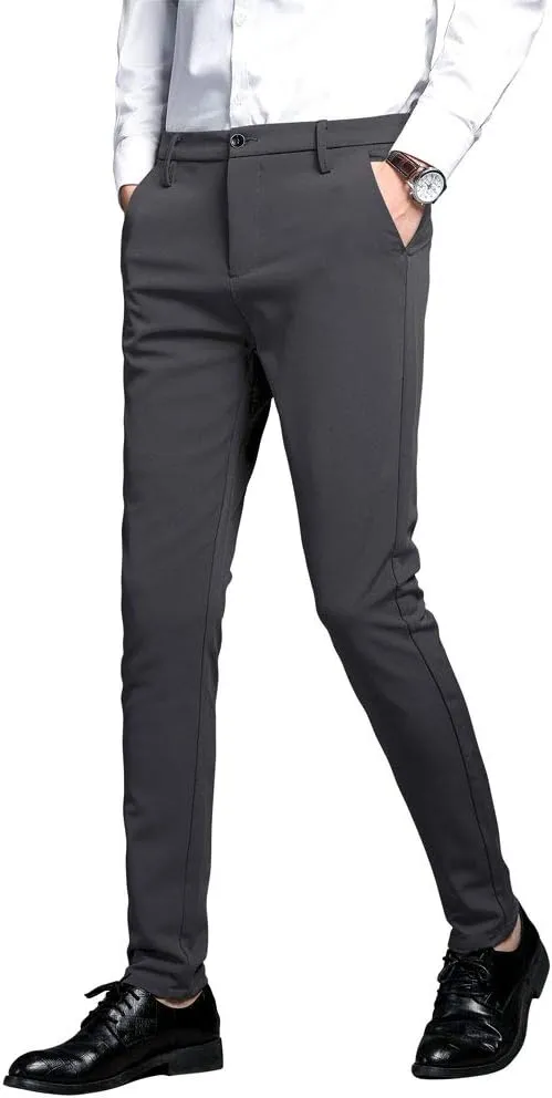 Plaid&Plain Men's Stretch Dress Pants Slim Fit Skinny Suit Pants