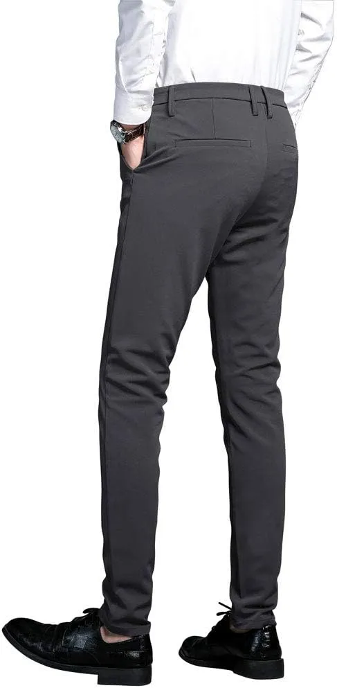 Plaid&Plain Men's Stretch Dress Pants Slim Fit Skinny Suit Pants