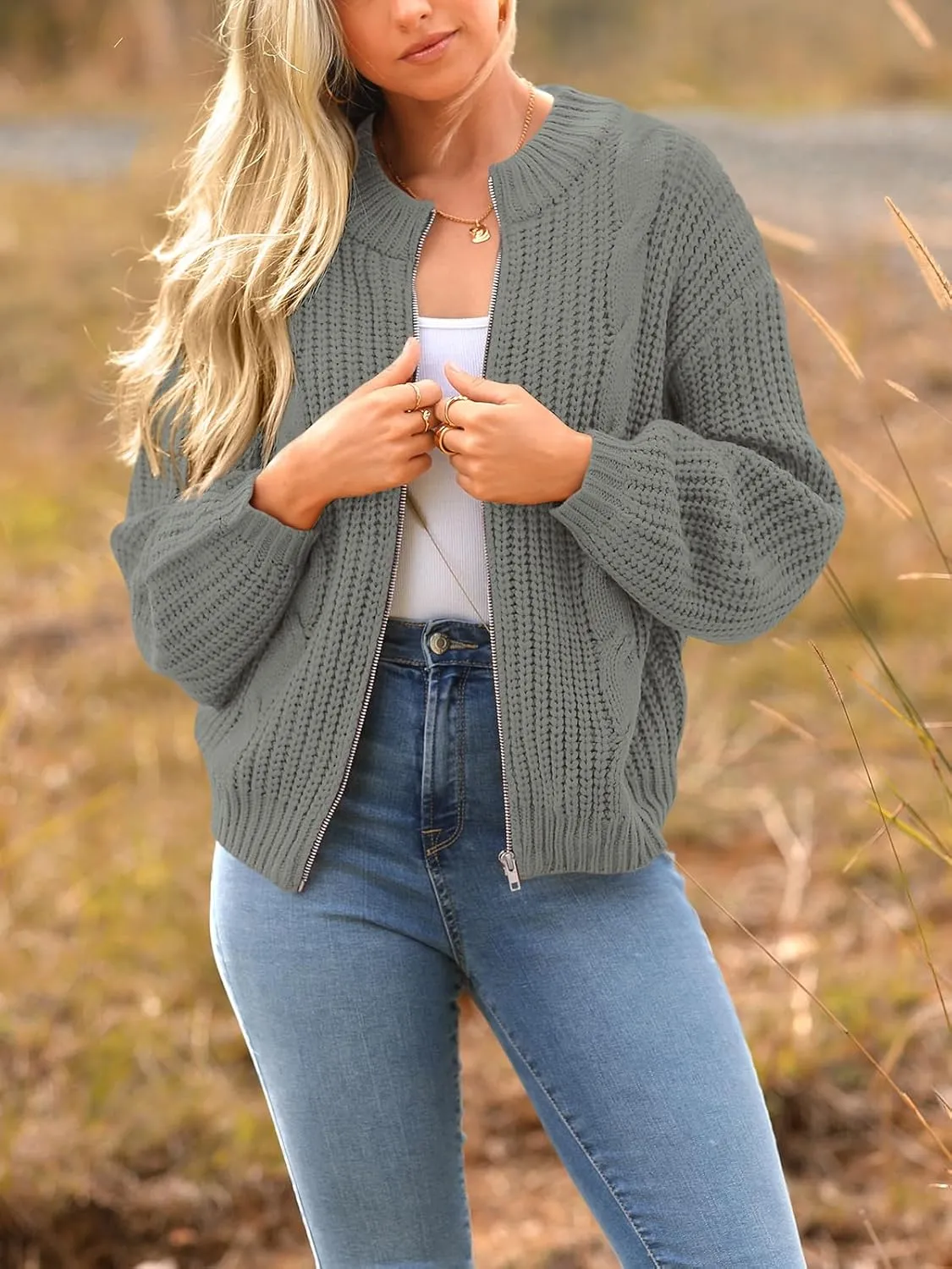 PRETTYGARDEN Women's Chunky Knit Open Front Sweater Long Sleeve Zipper Loose Short Cardigan Outerwear Coats