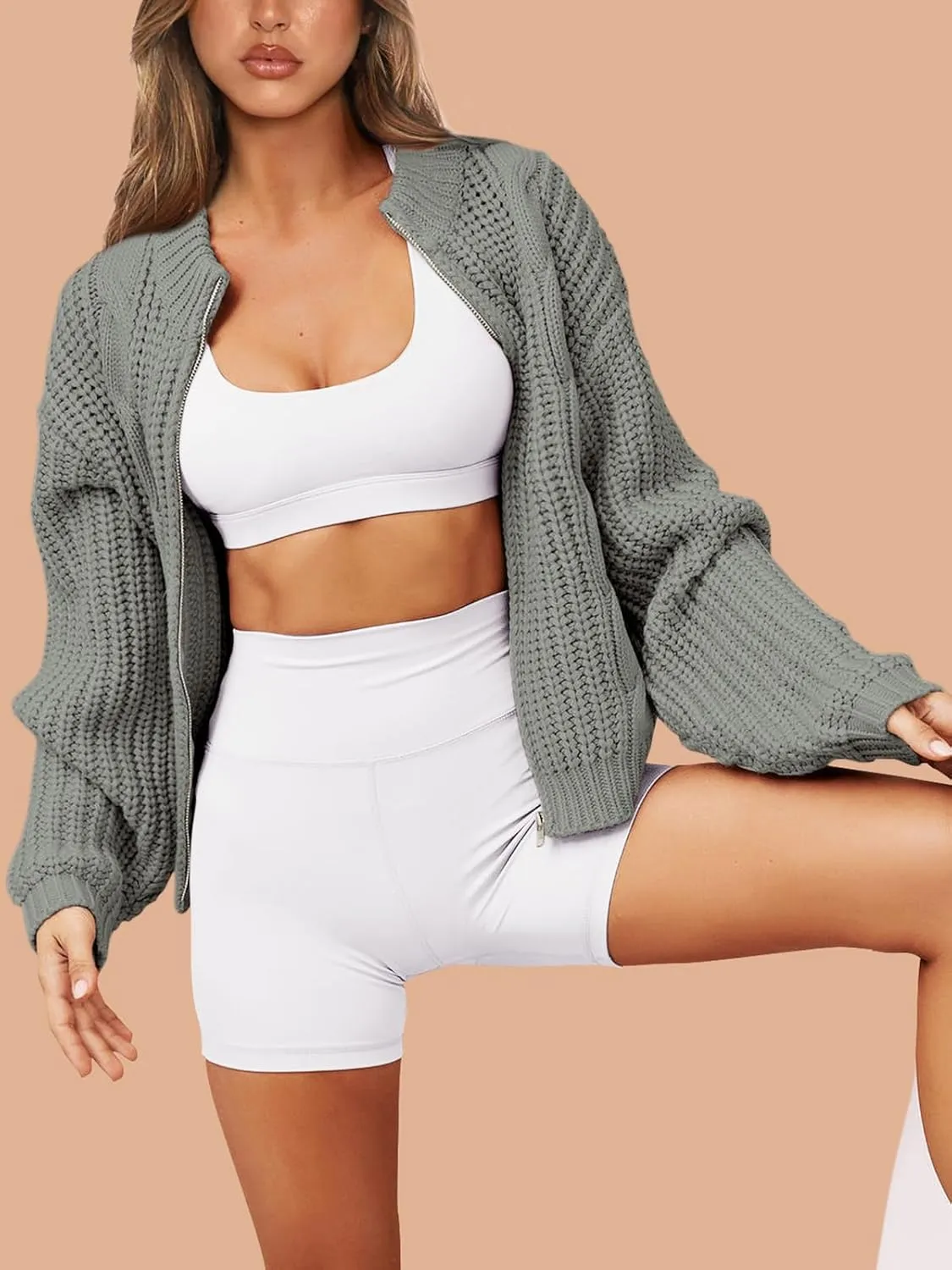 PRETTYGARDEN Women's Chunky Knit Open Front Sweater Long Sleeve Zipper Loose Short Cardigan Outerwear Coats