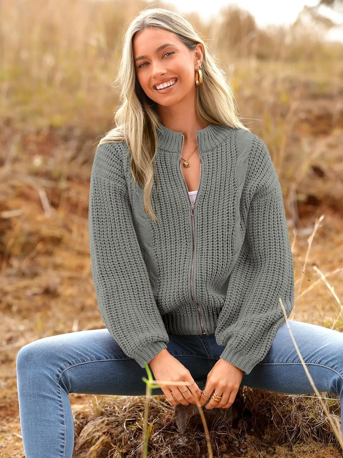 PRETTYGARDEN Women's Chunky Knit Open Front Sweater Long Sleeve Zipper Loose Short Cardigan Outerwear Coats