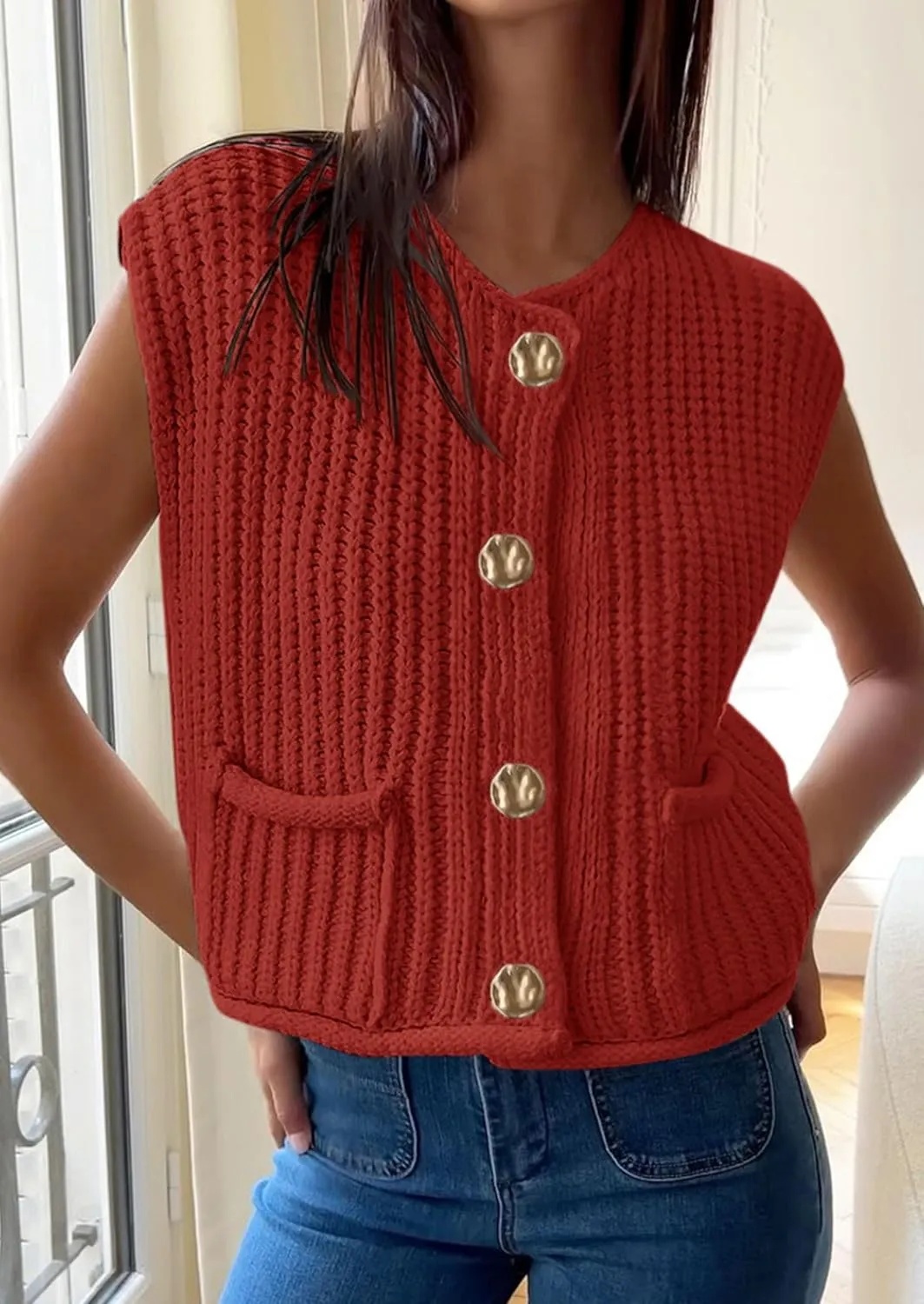 PRETTYGARDEN Women's Summer Sweaters Vest 2025 Sleeveless Button Down Cropped Pockets Chunky Knit Cardigan Trendy Tank Tops